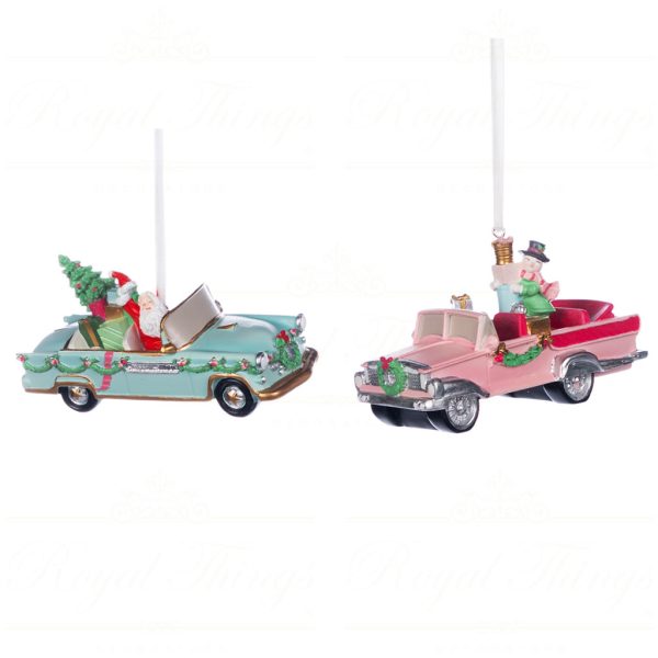 Goodwill Christmas Ornament Santa Snowman In Oldtimer Car Blue Pink Multicolor D 44131