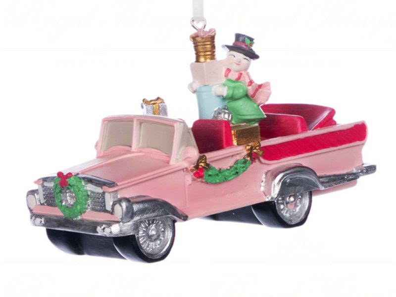 Goodwill Christmas Ornament Santa Snowman In Oldtimer Car Blue Pink Multicolor D 44131 Pink