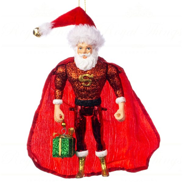 Goodwill Christmas Ornament Super Hero Santa With Cape Jointed Red Green Gold B 89406 Green