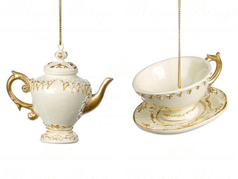 Goodwill Christmas Ornament Tea Pot And Cup Cream Gold Mc 38026