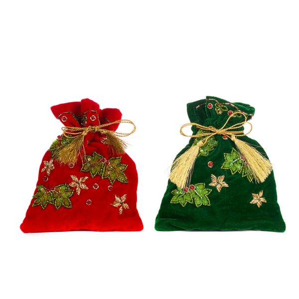 Goodwill Christmas Ornament Velvet Embroidered Holly Pouch Bag Ornament Red Green If 10223