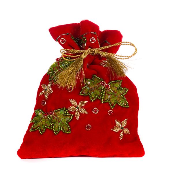 Goodwill Christmas Ornament Velvet Embroidered Holly Pouch Bag Ornament Red Green If 10223 Red