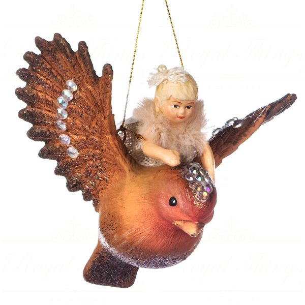 Goodwill Christmas Ornament Winter Fairy Riding Bird Cream Brown B 89209
