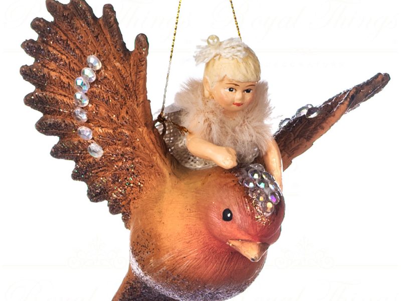 Goodwill Christmas Ornament Winter Fairy Riding Bird Cream Brown B 89209
