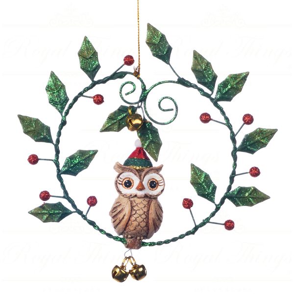 Goodwill Christmas Ornament Woodland Xmas Owl In Holly Wreath Green Brown Burgundy Gold B 89356