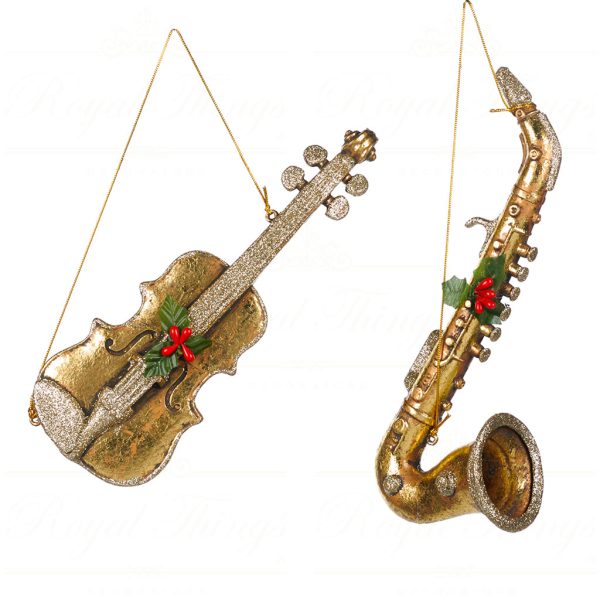 Goodwill Christmas Ornament Xmas Music Instrument Violin Sax Gold Champagne Tr 21322