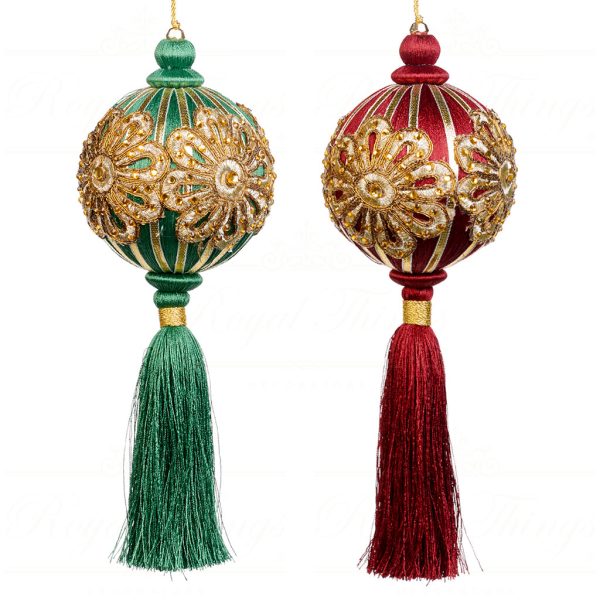 Goodwill Christmas Ornament Yarn Flower Ball Tassel Green Burgundy Gold L 34302