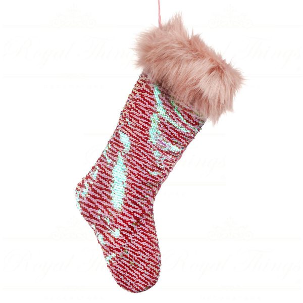 Goodwill Christmas Stockings Furry Sequin Candy Pink Silver B 93021