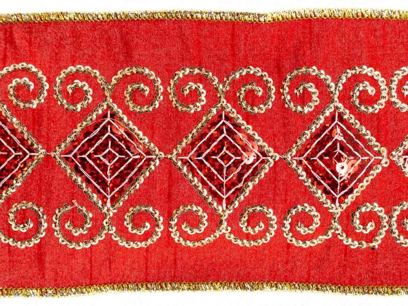 Goodwill Christmas Wired Ribbon Diamond Sequin Swirl Dupion Ribbon Red Gold L 24587