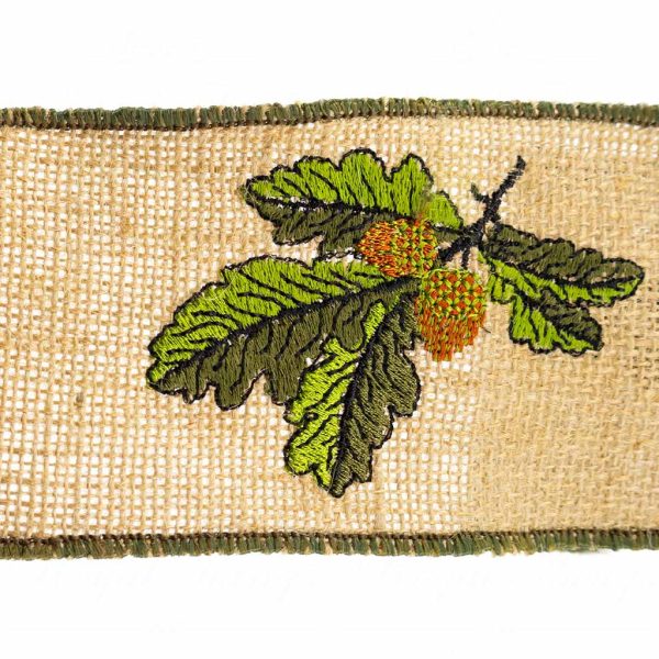 Goodwill Christmas Wired Ribbon Oak And Acorn Embroidered Burlap Ribbon Green Beige L 26074