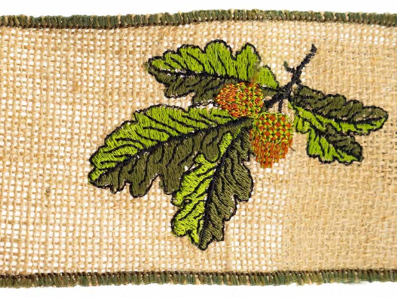 Goodwill Christmas Wired Ribbon Oak And Acorn Embroidered Burlap Ribbon Green Beige L 26074