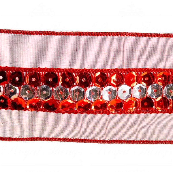 Goodwill Christmas Wired Ribbon Sequin Red Trim Tissue Ribbon Red Silver L 30031