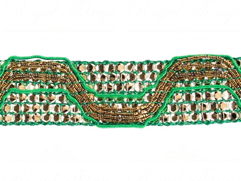 Goodwill Christmas Wired Ribbon Sequin Zigzag Trim Green Ribbon Gold Green L 27664
