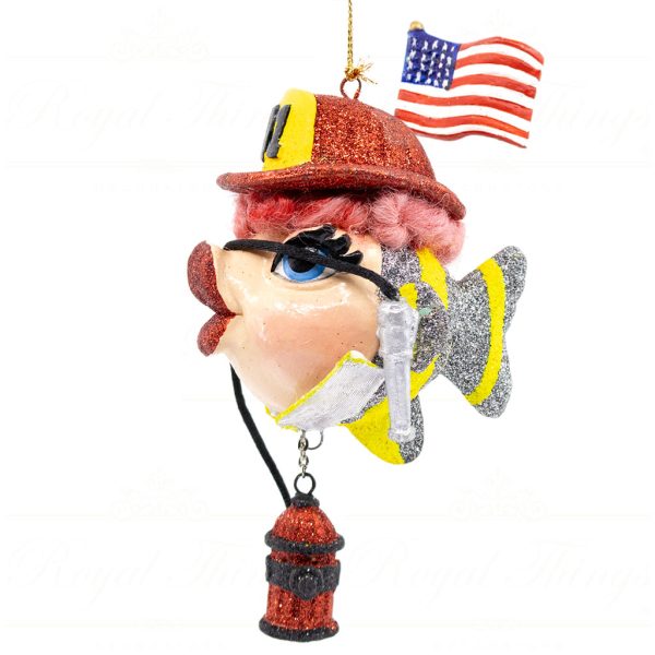 Katherine S Collection Christmas Heritage Ornament American Firefighter Kissing Fish Red Yellow Silver Kc 66 18830 Side