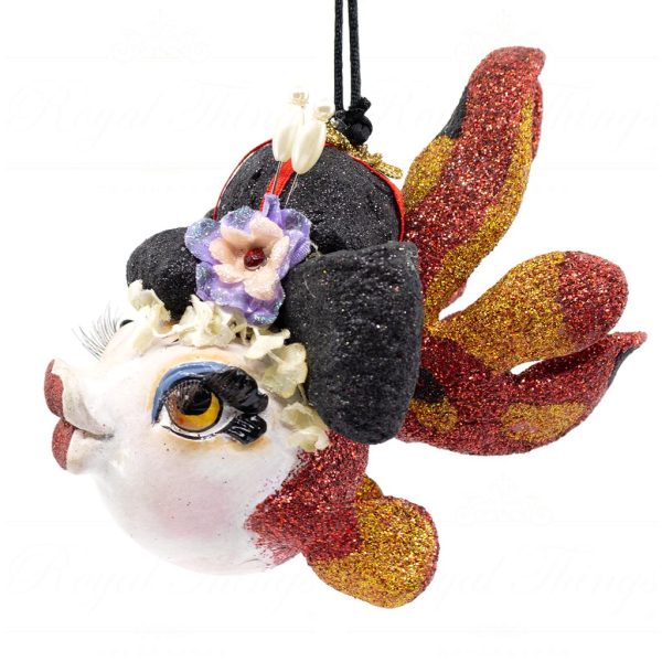 Katherine S Collection Christmas Heritage Ornament Geisha Kissing Fish Black Gold Burgundy Kc 66 18827 Side