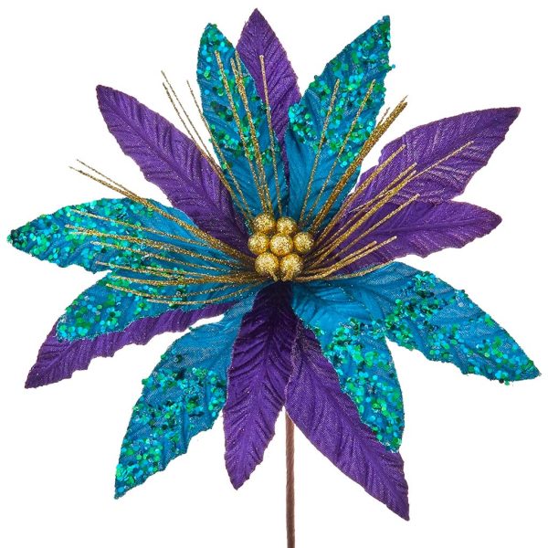 Ksa C9587 Kurt S Adler Christmas Flowers Velvet Poinsettia On Stem Purple Blue