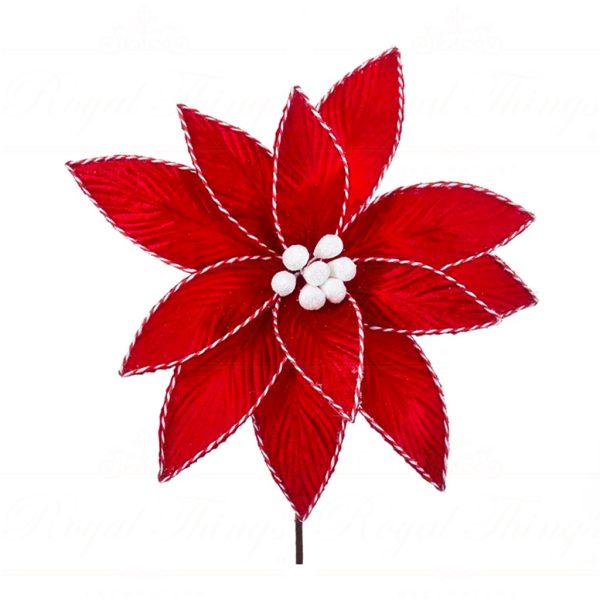Kurt S Adler Christmas Flowers Red Poinsettia On Stem With Striped Trim Red Ksa C0413