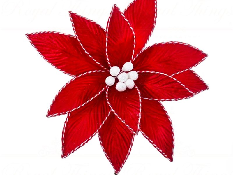 Kurt S Adler Christmas Flowers Red Poinsettia On Stem With Striped Trim Red Ksa C0413