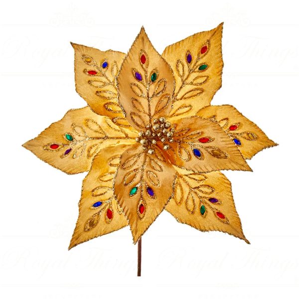 Kurt S Adler Christmas Flowers Velvet Multicolor Juweled Poinsettia On Stem Gold Ksa C0338