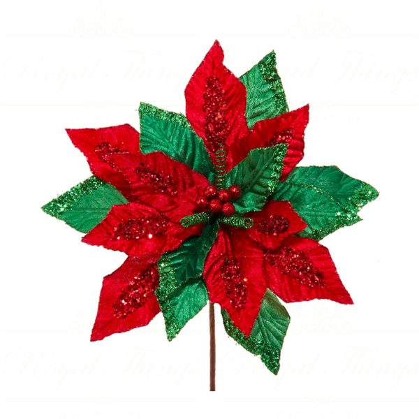 Kurt S Adler Christmas Flowers Velvet Traditional Poinsettia On Stem Red Green Ksa C9594