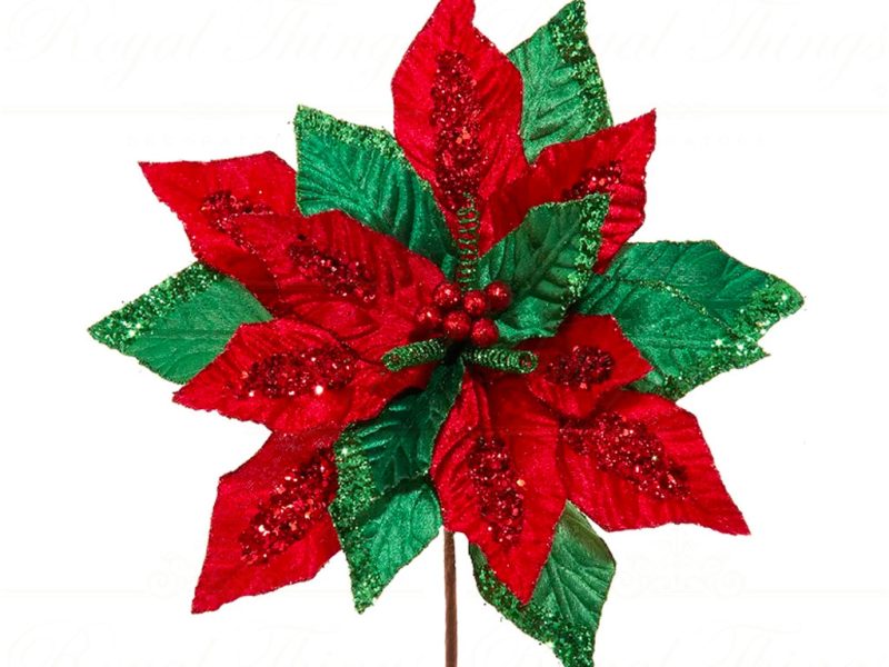 Kurt S Adler Christmas Flowers Velvet Traditional Poinsettia On Stem Red Green Ksa C9594