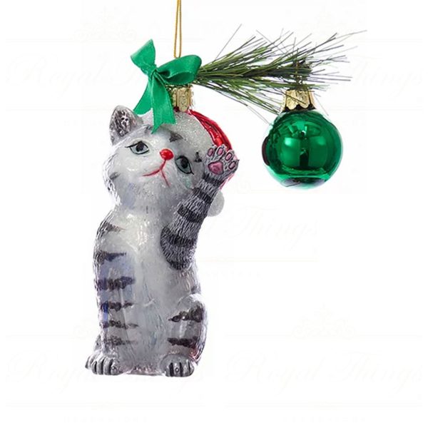 Kurt S Adler Noble Gems Christmas Ornaments Glass Christmas Cat Green White Red Black Grey Brown Nb1141 Grey