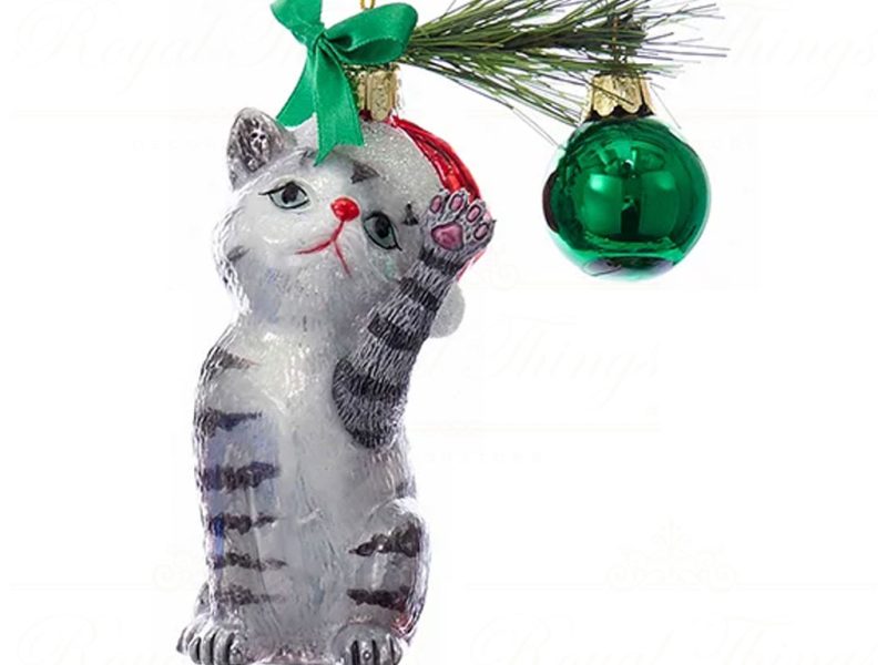 Kurt S Adler Noble Gems Christmas Ornaments Glass Christmas Cat Green White Red Black Grey Brown Nb1141 Grey
