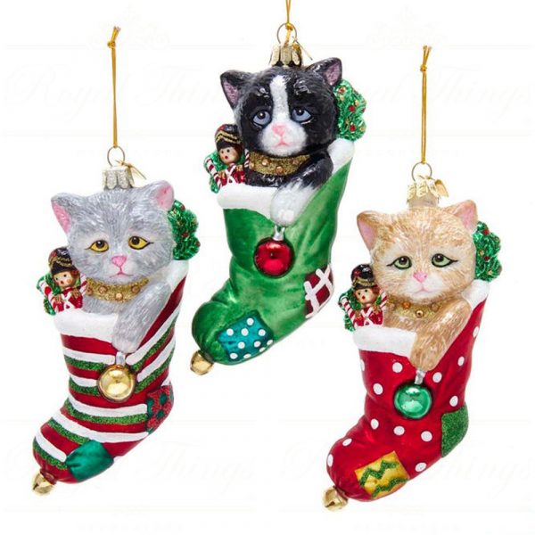 Kurt S Adler Noble Gems Christmas Ornaments Glass Green Red White Black Grey Tan Stocking With Cat Nb1625