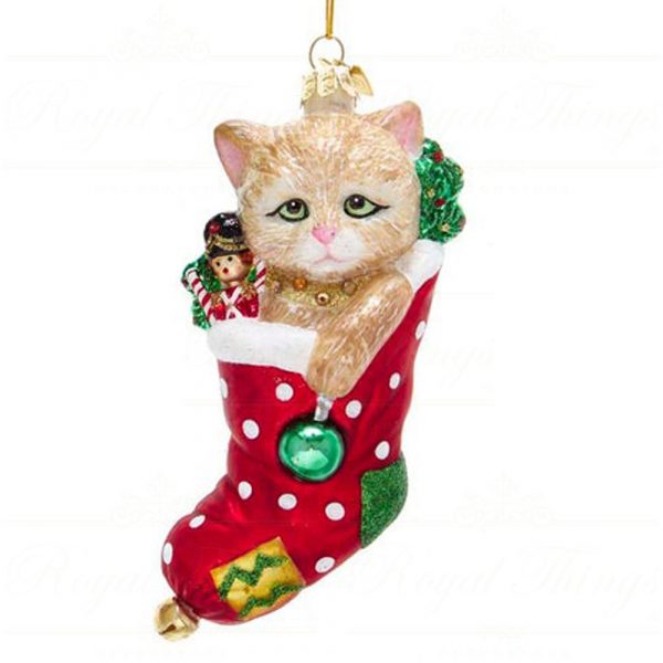 Kurt S Adler Noble Gems Christmas Ornaments Glass Green Red White Black Grey Tan Stocking With Cat Nb1625 Tan