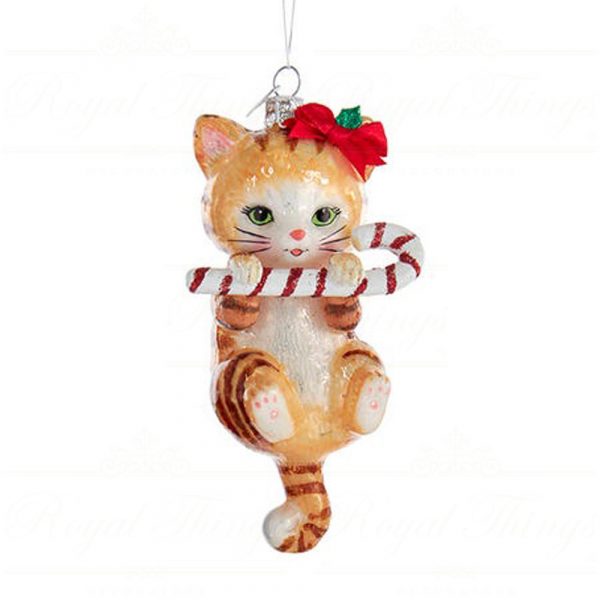 Kurt S Adler Noble Gems Christmas Ornaments Glass Red White Grey Black Orange Cat With Candy Cane Nb1668 Orange