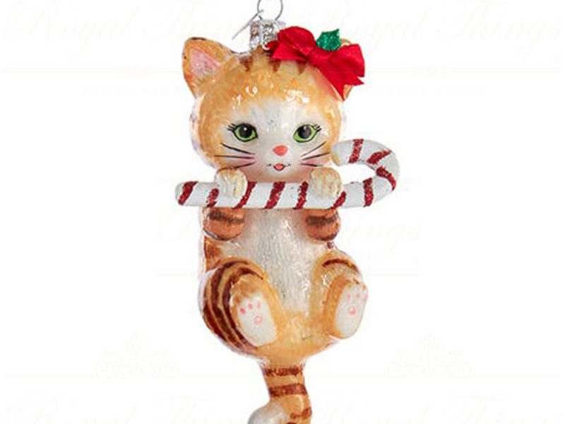 Kurt S Adler Noble Gems Christmas Ornaments Glass Red White Grey Black Orange Cat With Candy Cane Nb1668 Orange