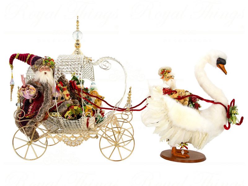 Mark Roberts Christmas Collectable Dolls Fairytale Bear Santa With Swan And Carriage White Red Green Mr 51 23936