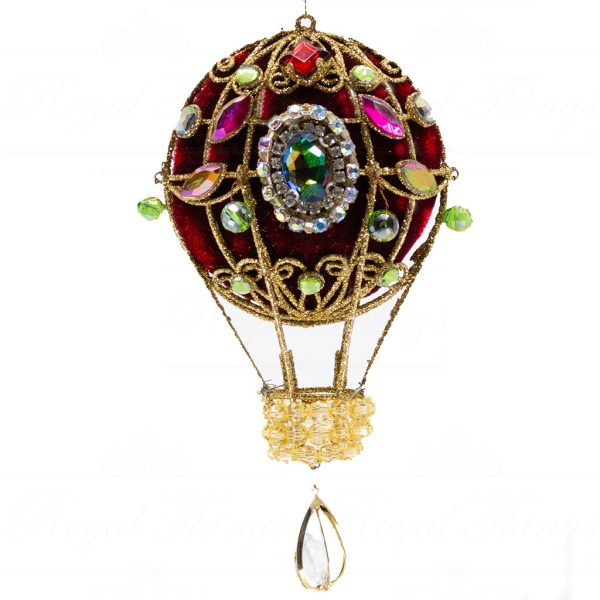 Mo 93020 Goodwill Christmas Ornaments Wire Fabric Hot Air Balloon Green Burgundy Gold Vari Burgundy