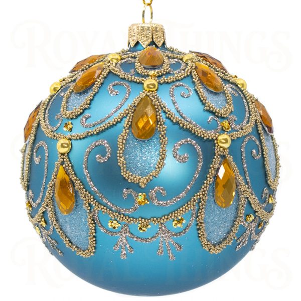 Pga B6101 Royal Things Polish Glass Art Christmas Bauble Ball Blue Bazil Turquoise Gold
