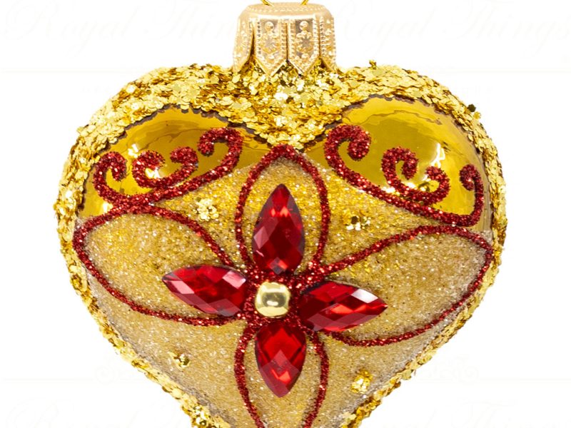 Royal Things Polish Glass Art Christmas Bauble Ball Charming Chloe Heart Gold Red Pga B 4129 Front