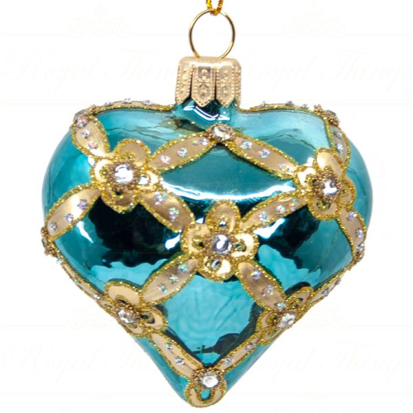 Royal Things Polish Glass Art Christmas Bauble Ball Enticing Eva Heart Blue Petrol Gold Pga B3151