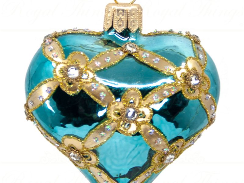 Royal Things Polish Glass Art Christmas Bauble Ball Enticing Eva Heart Blue Petrol Gold Pga B3151