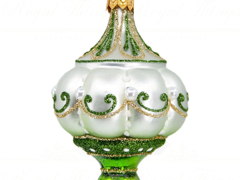 Royal Things Polish Glass Art Christmas Bauble Ball Glowing Giselle Finial Green White Gold Pga B3165