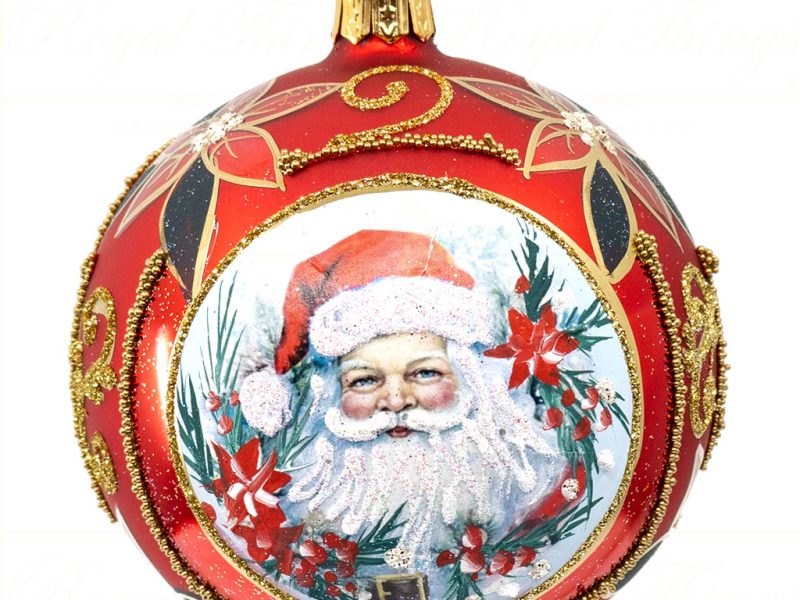 Royal Things Polish Glass Art Christmas Bauble Ball Holly Jolly Santa Time Red Gold Green White Pga B 4157 Front