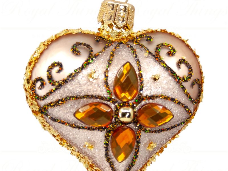 Royal Things Polish Glass Art Christmas Bauble Ball Jolly Jasper Heart Champagne Brown Gold Pga B3152