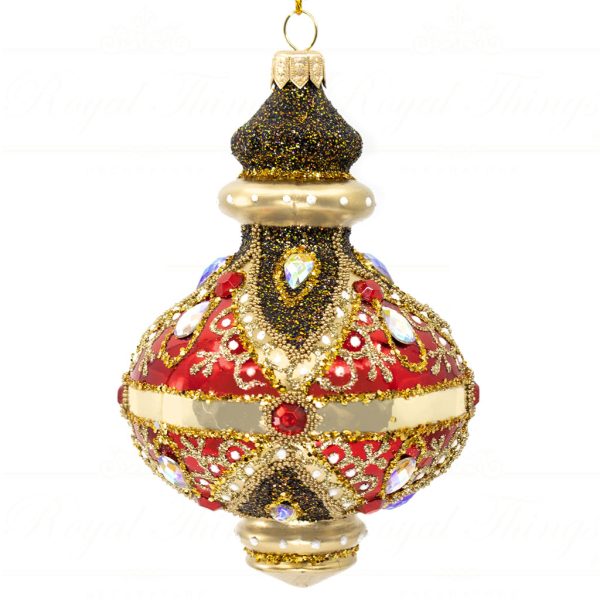 Royal Things Polish Glass Art Christmas Bauble Ball Luminous Luca Finial Red Gold Pga B 4146 Front