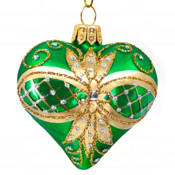 Royal Things Polish Glass Art Christmas Bauble Ball Precious Pearl Heart Green Gold Pga B3153