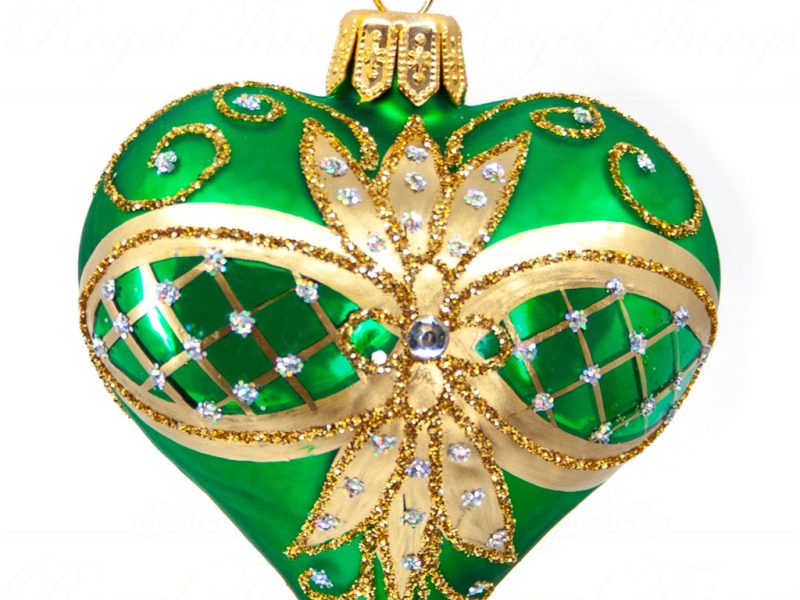 Royal Things Polish Glass Art Christmas Bauble Ball Precious Pearl Heart Green Gold Pga B3153