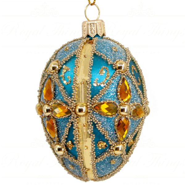 Royal Things Polish Glass Art Christmas Bauble Ball Vibrant Valentina Egg Blue Petrol Gold Pga B3176